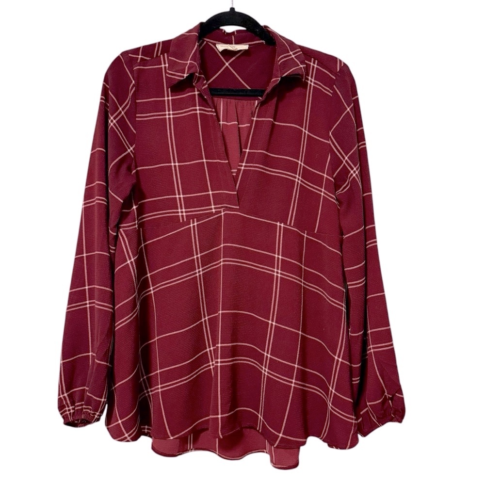 Coverstitched Long Sleeve V Neck Top‎ Blouse Crimson Red White Plaid Medium